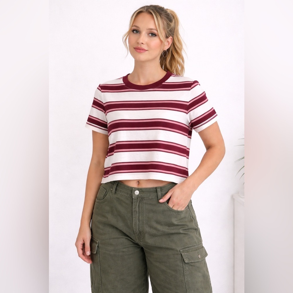 Y2K Maroon Striped Cropped Tee XL 90s Baby Tee Retro Skater Grunge Aesthetic